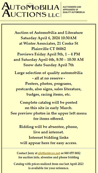 Automobilia Auctions LLC, Plainville, Ct.