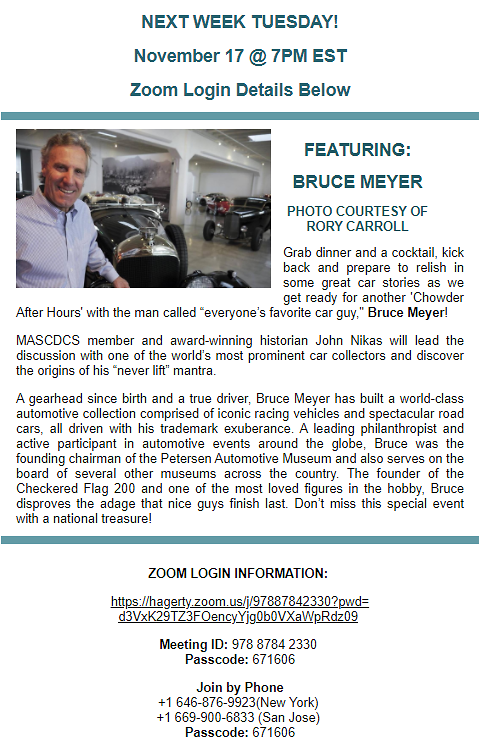 Madison Avenue Sports Car Driving & Chowder Society- November ‘After Hours’