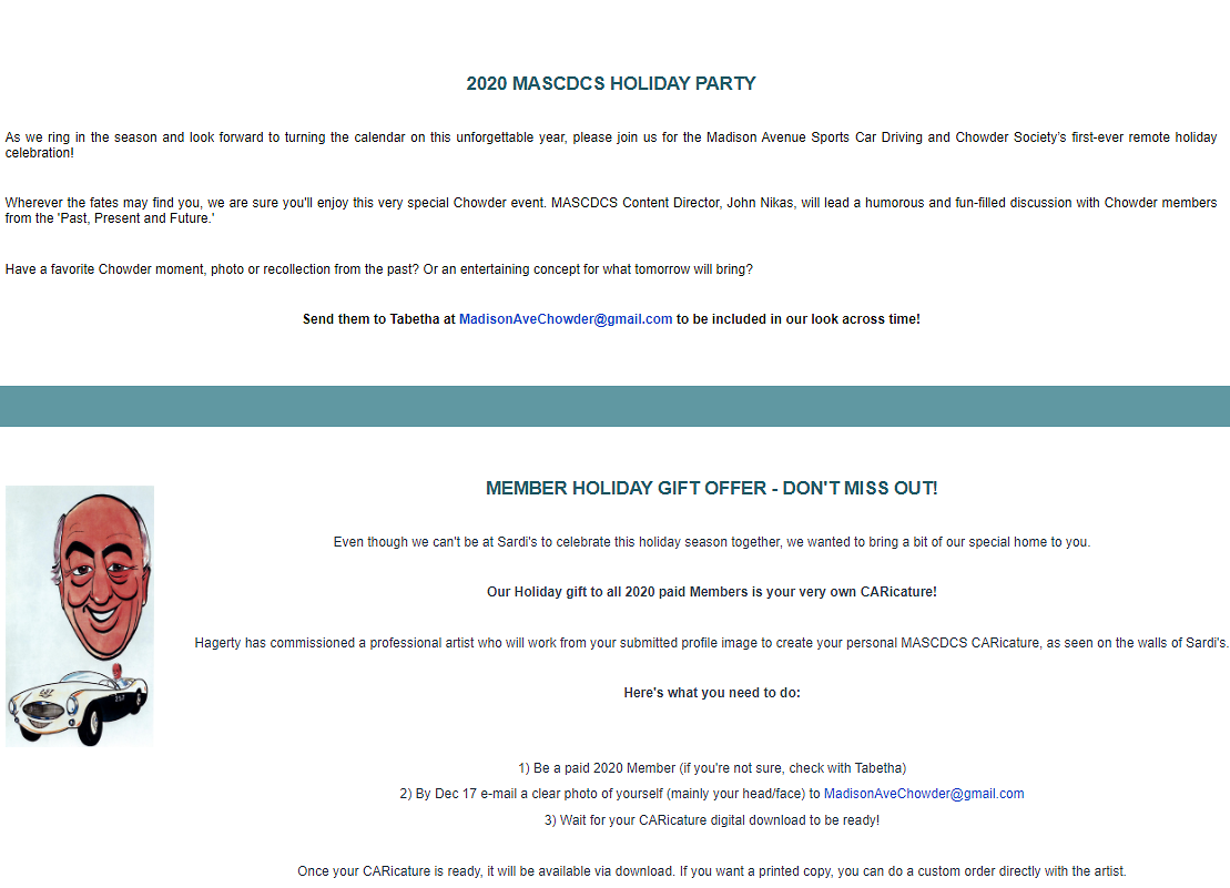 Madison Avenue Sports Car Driving & Chowder Society Holiday Party- Via Zoom