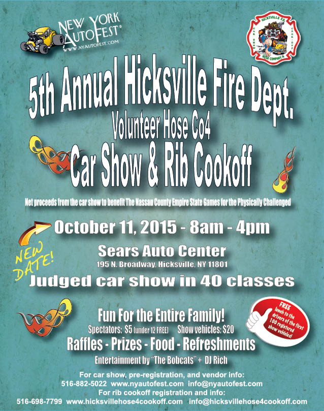 NY AutoFest 5th Annual Hicksville Fire Dept. Car Show & Rib Cook-Off-Postponed to 10/11/15
