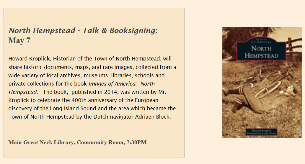 North Hempstead- Talk & Booksigning, Great Neck, NY, 7:30 pm