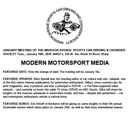 January 2016 Meeting of the Madison Avenue Sports Car Driving & Chowder Society, NYC