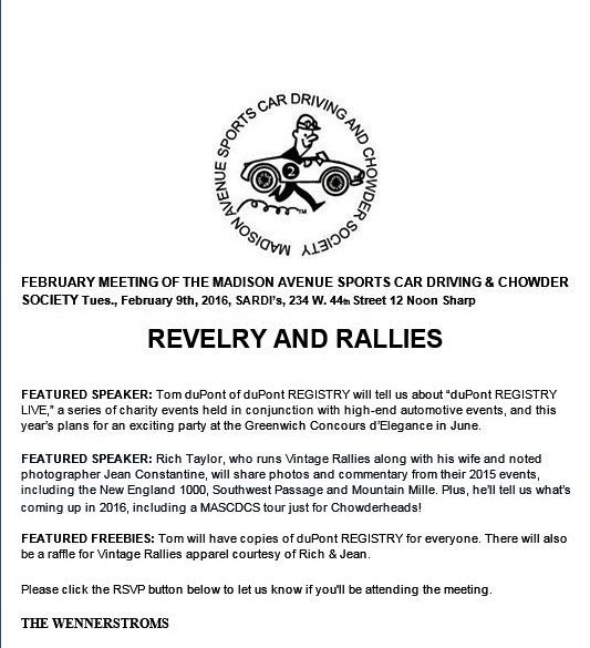 February 2016 Meeting of the Madison Avenue Sports Car Driving & Chowder Society, Sardi’s