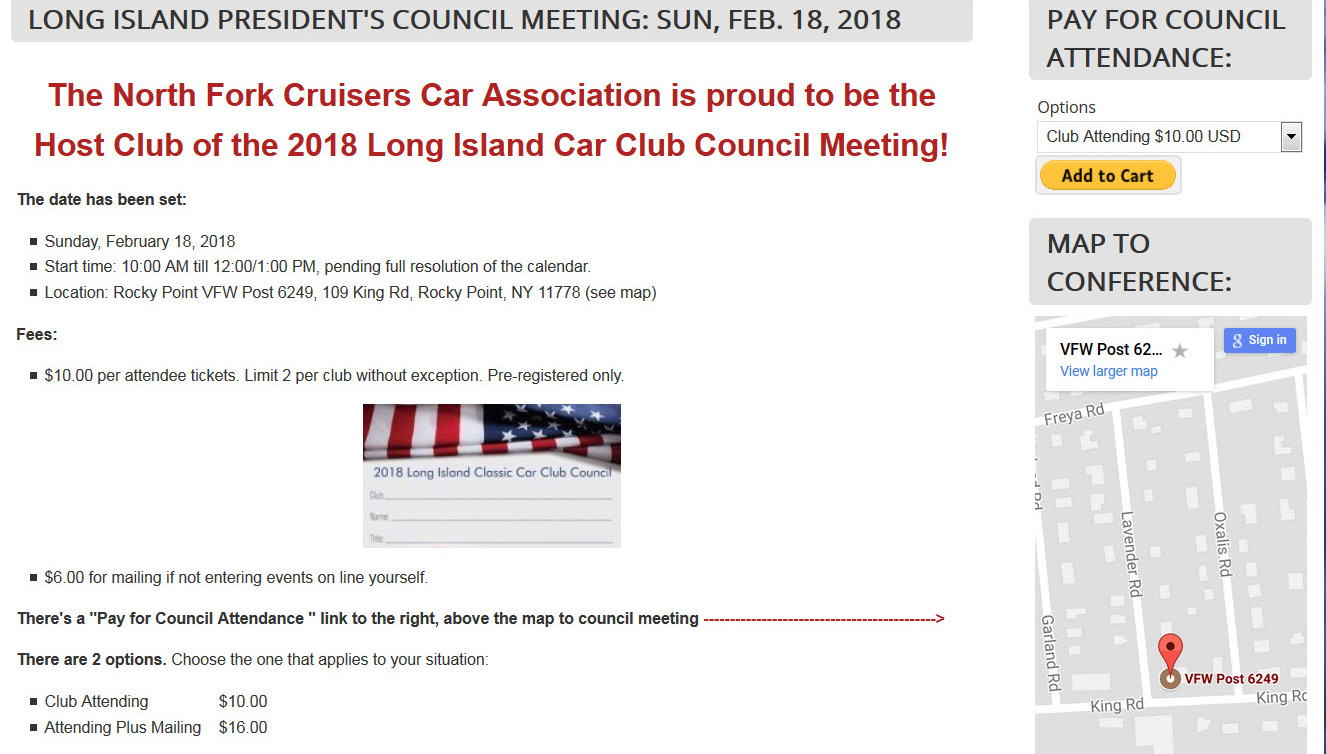 2018 Long Island Car Club Council Meeting-Postponed Until Sunday, February 25, 2018