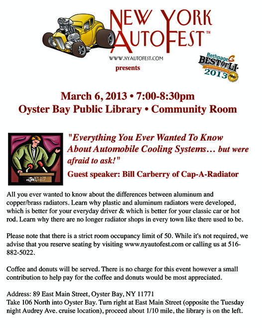 Presentation “Everything You Wanted To Know  About Automobile Cooling Systems”, Oyster Bay, NY