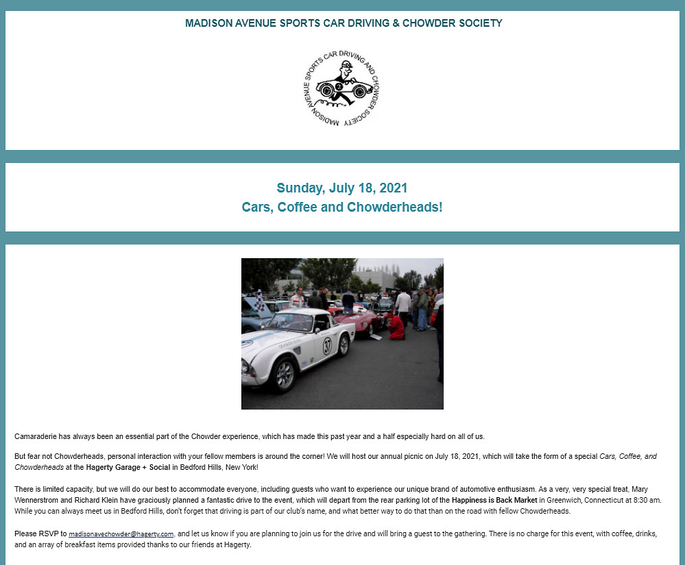 MASCDCS Sunday Cars, Coffee & Chowderheads, Bedford Hills, NY