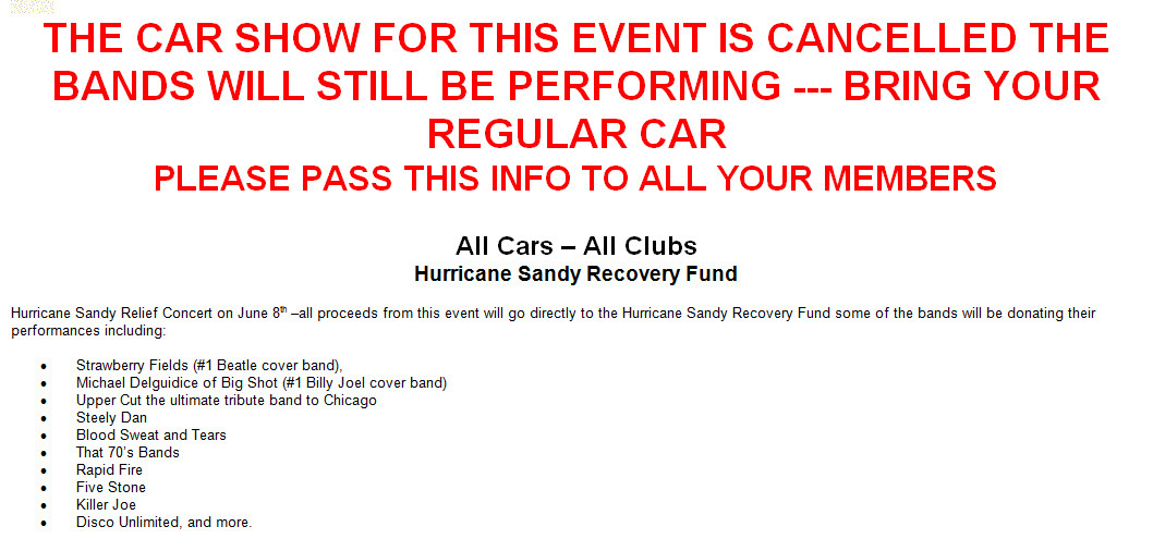 Cancelled Due to Weather:&nbsp; All Cars- All Clubs Hurricane Sandy Recovery Fund, East Meadow, NY