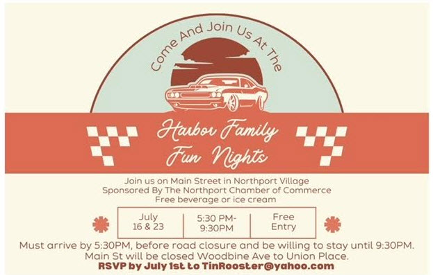 The  Northport Chamber of Commerce Harbor Family Fun Night & Car Show, Northport, NY