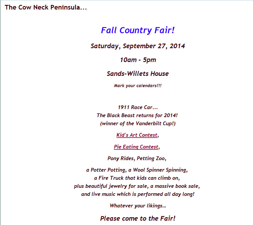 Cow Neck Peninsula Historical Society Fall Country Fair,&nbsp; Port Washington, NY