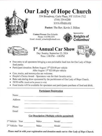 Our Lady of Hope Church 1st Annual Car Show, Carle Place, NY