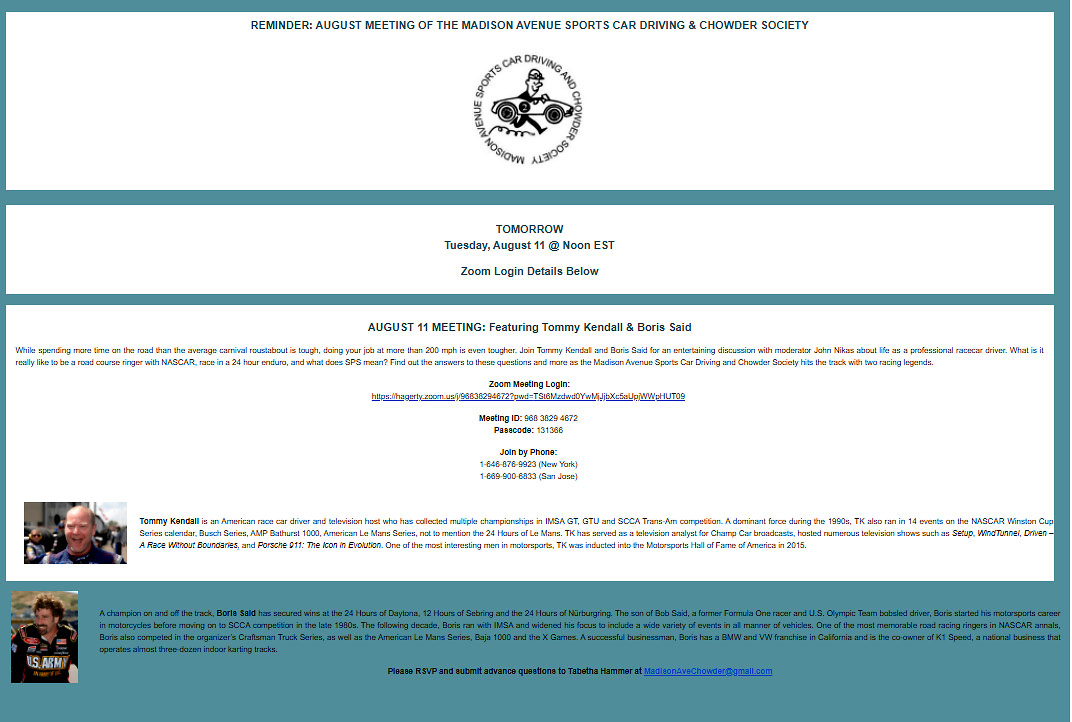 Madison Avenue Sports Car Driving & Chowder Society August Meeting via Zoom