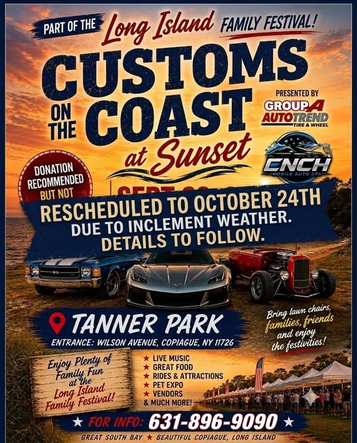 The LI Customs on the Coast at Sunset, Copiague, NY- Postponed until Saturday, October 24, 2026