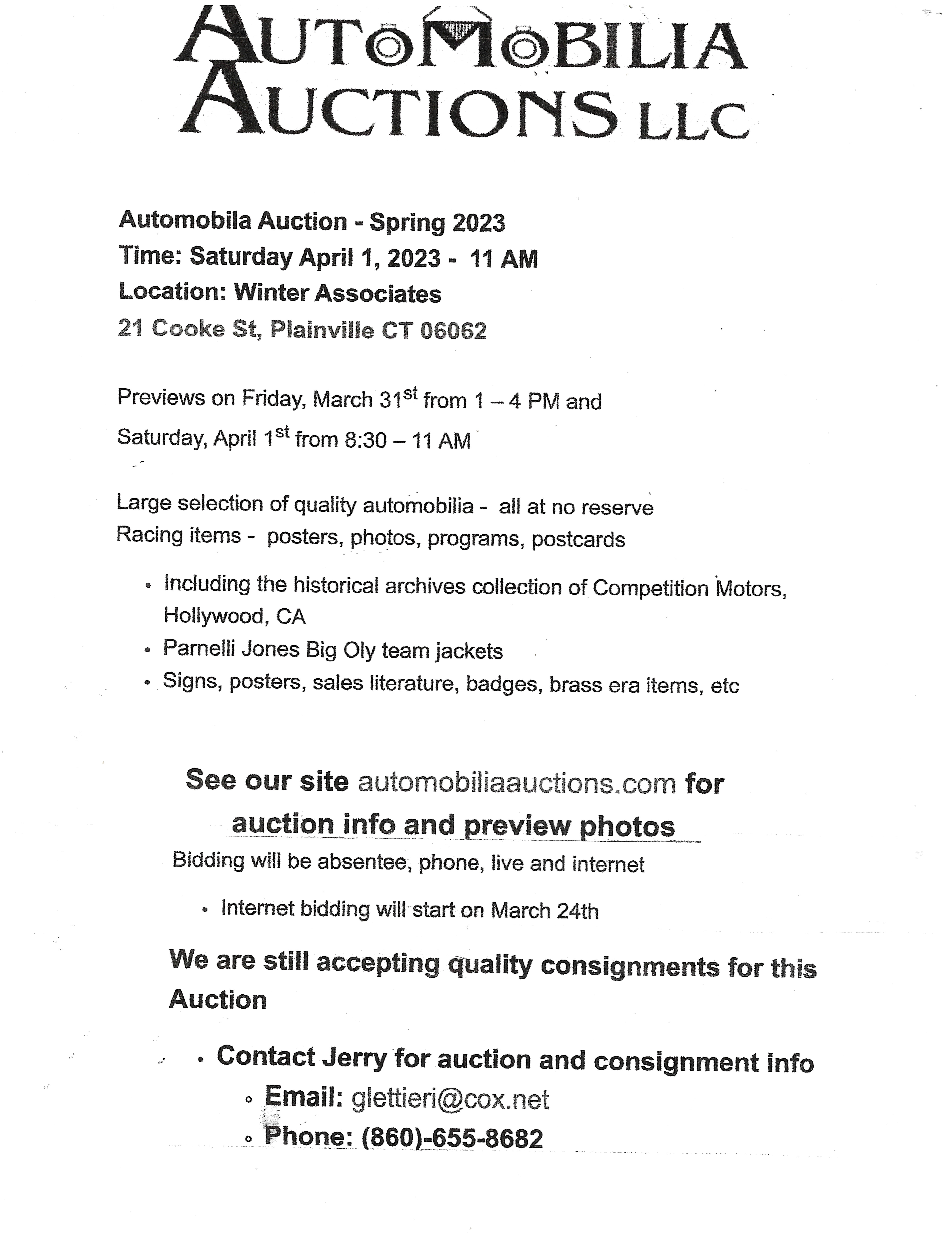 AutoMobilia Auctions-Spring 2023 Auction, Plainville, CT
