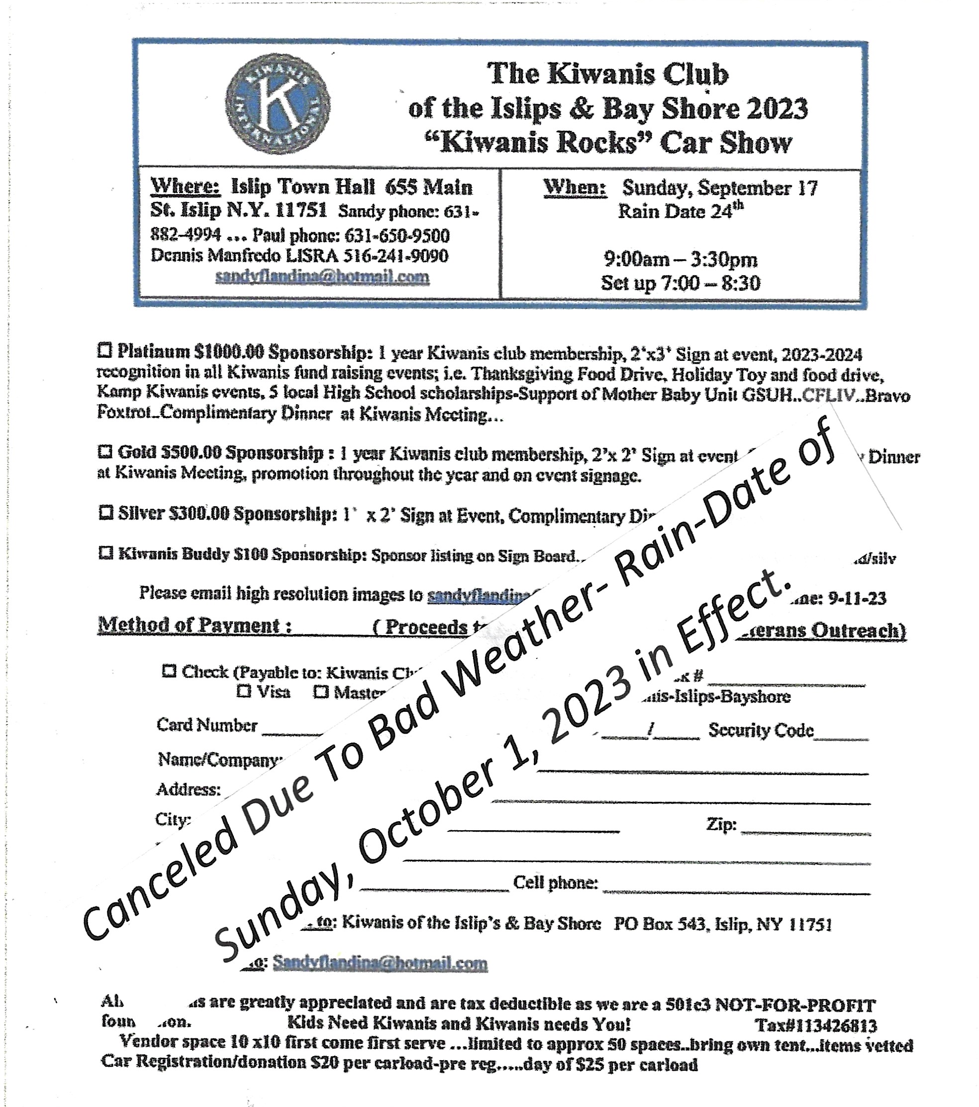 Copiague Kiwanis 2023 35th Annual Car Show, Copiague, NY Show Canceled due to bad weather- NEW DATE: October 1, 2023