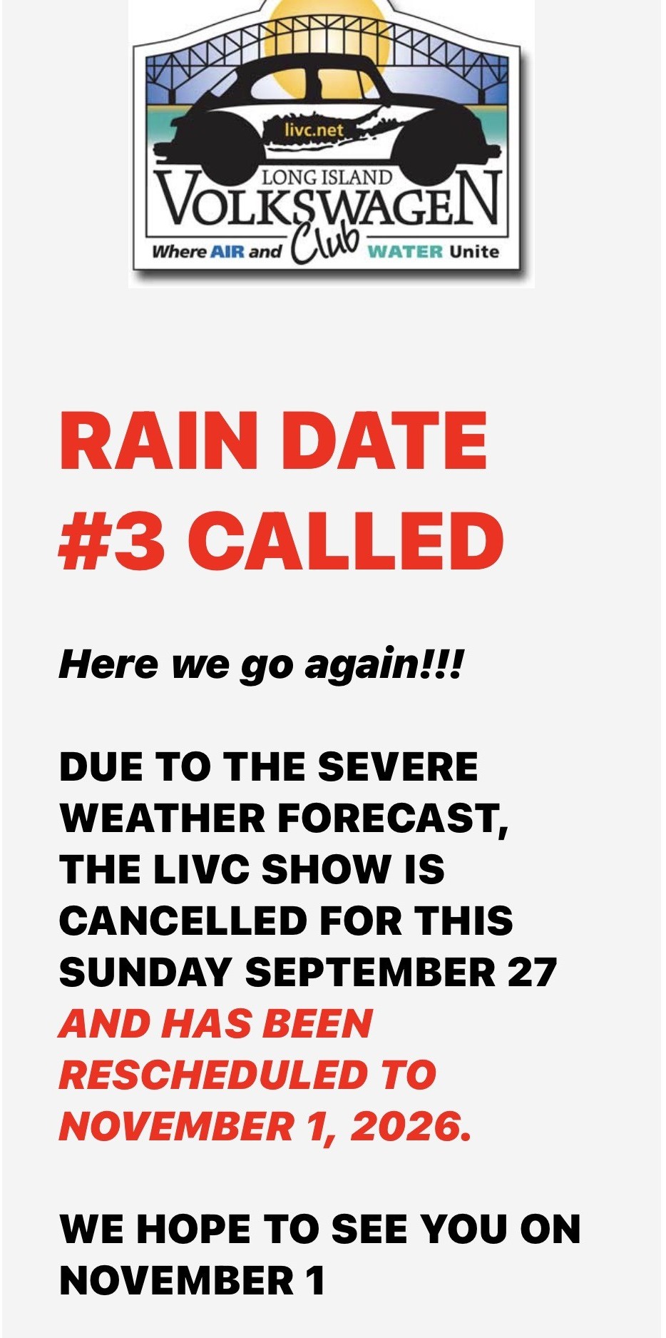 The LI VW Club’s 24th Annual Show, Riverhead, NY- Postponed until Sunday, November 1, 2026