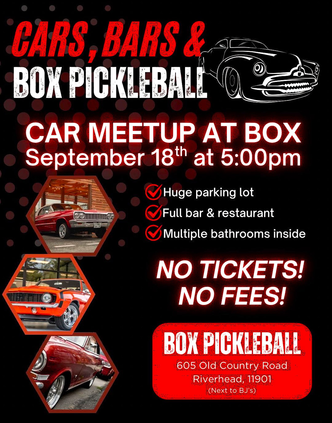 Cars, Bars & Box Pickleball Car Meet-Up, Riverhead, NY