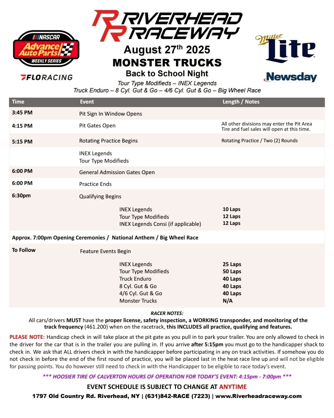 Riverhead Raceway Monster Trucks Back to School Night, Riverhead, NY