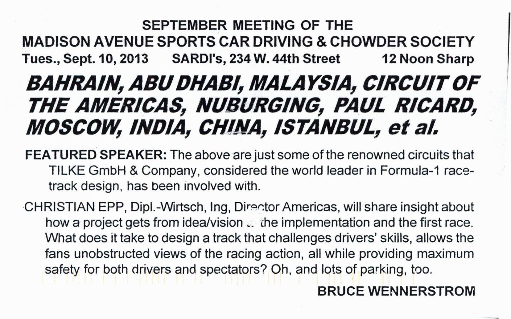 September Meeting of the Madison Avenue Sports Car Driving & Chowder Society, New York, NY