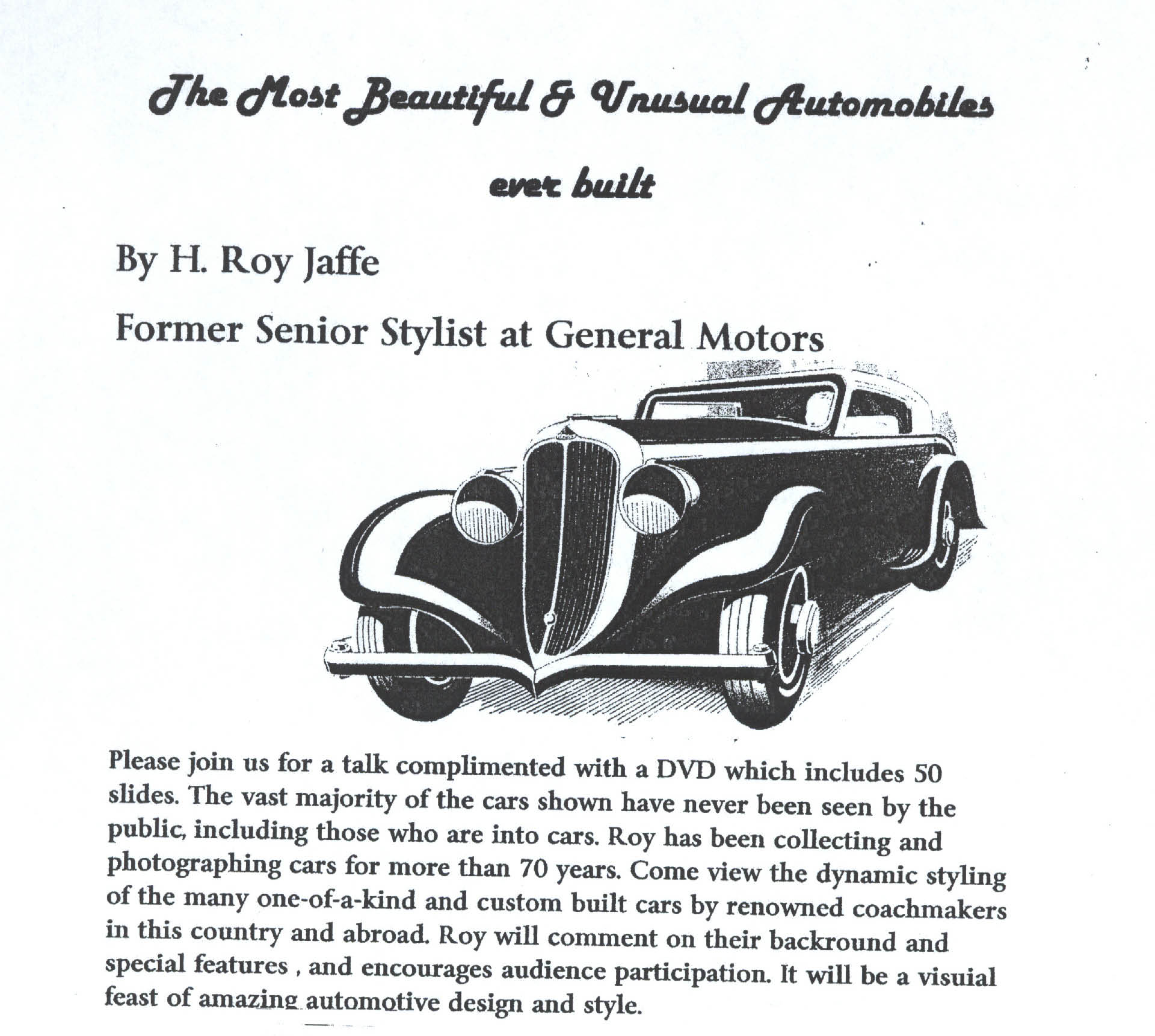 Presentation “The Most Beautiful & Unusual Automobiles Ever Built”, Bayport, NY