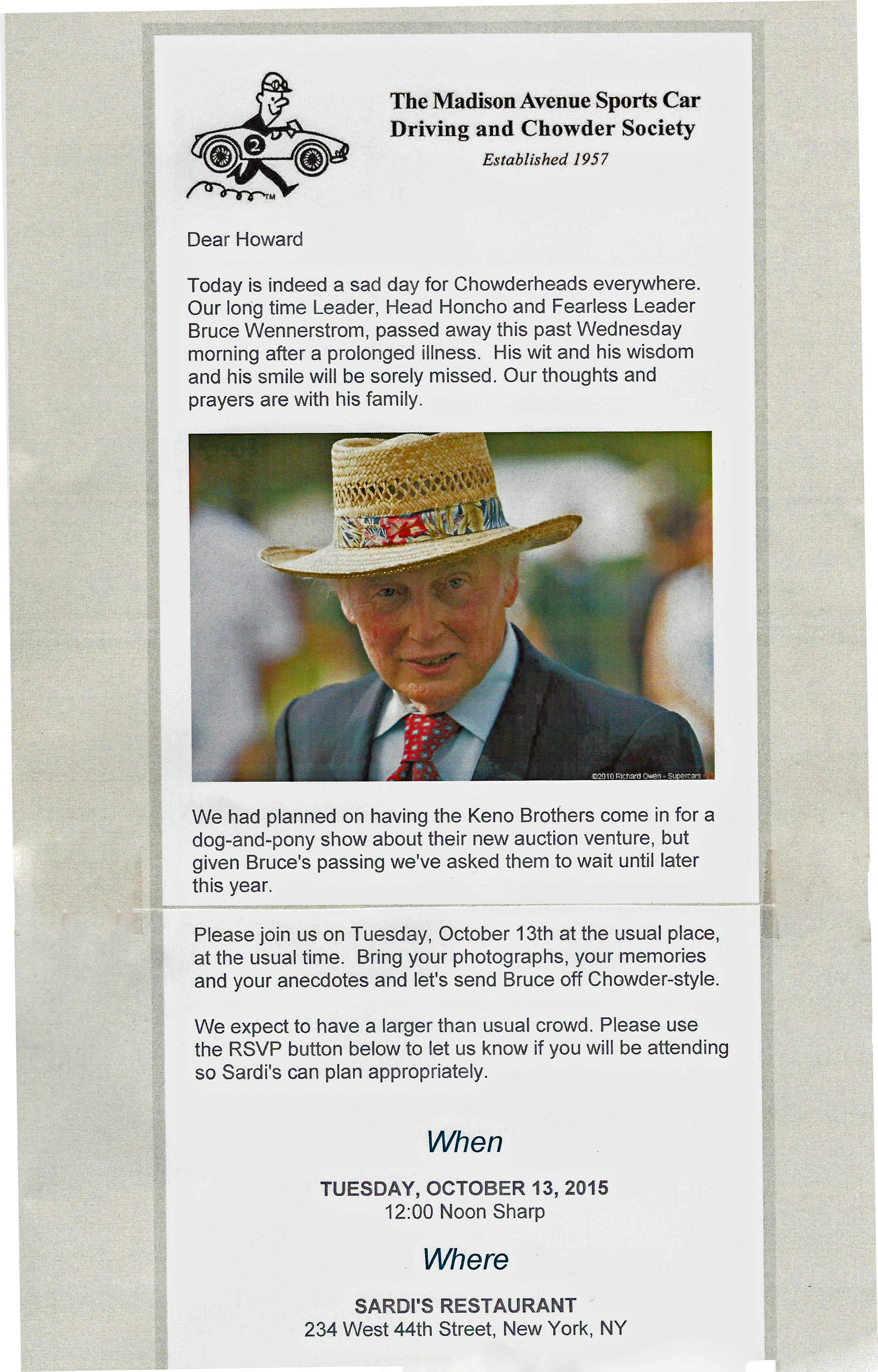 A Tribute to Bruce Wennerstrom, The Madison Avenue Sports Car Driving & Chowder Society, NYC, NY