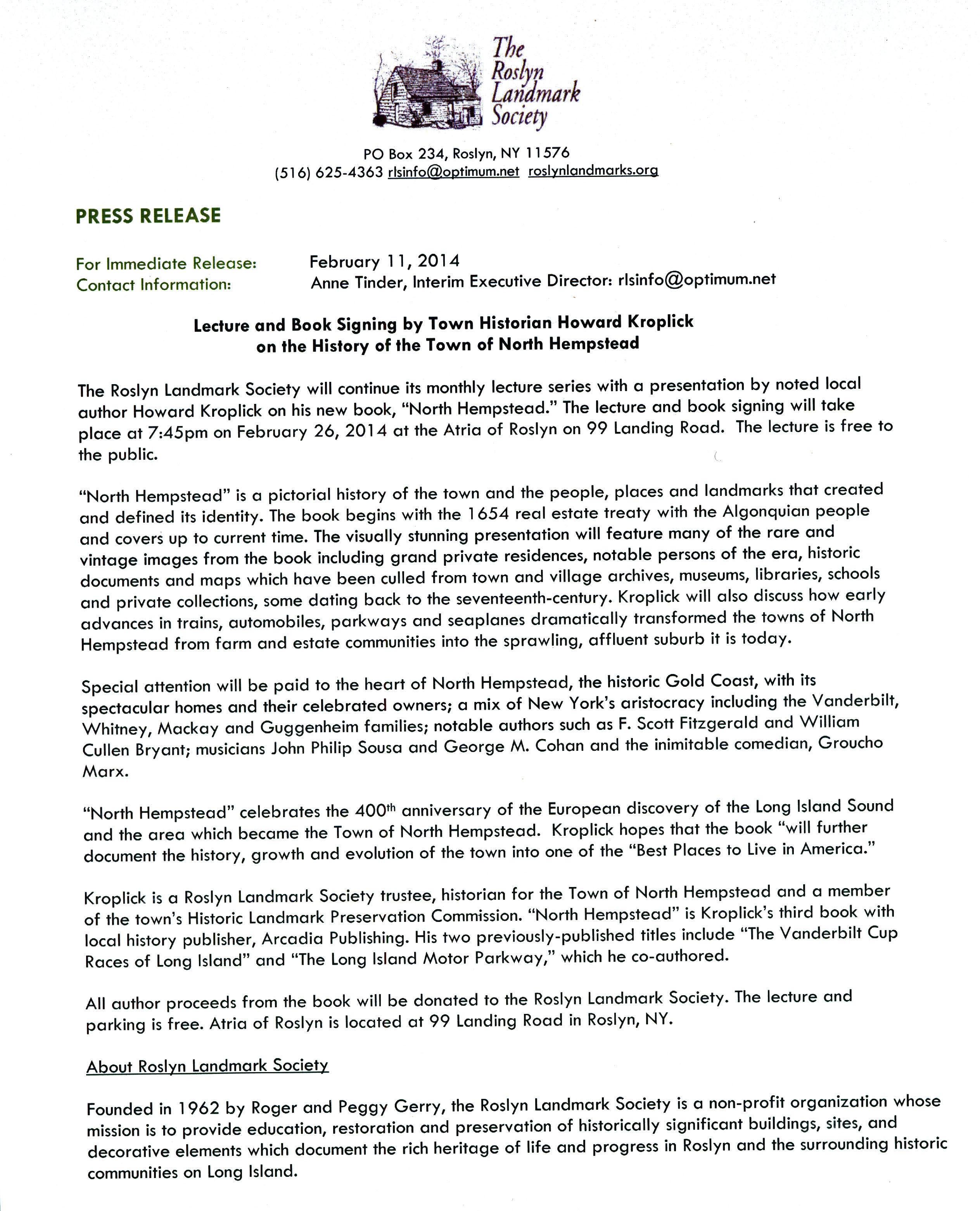 Presentation and Book Signing “North Hempstead”, Roslyn, NY