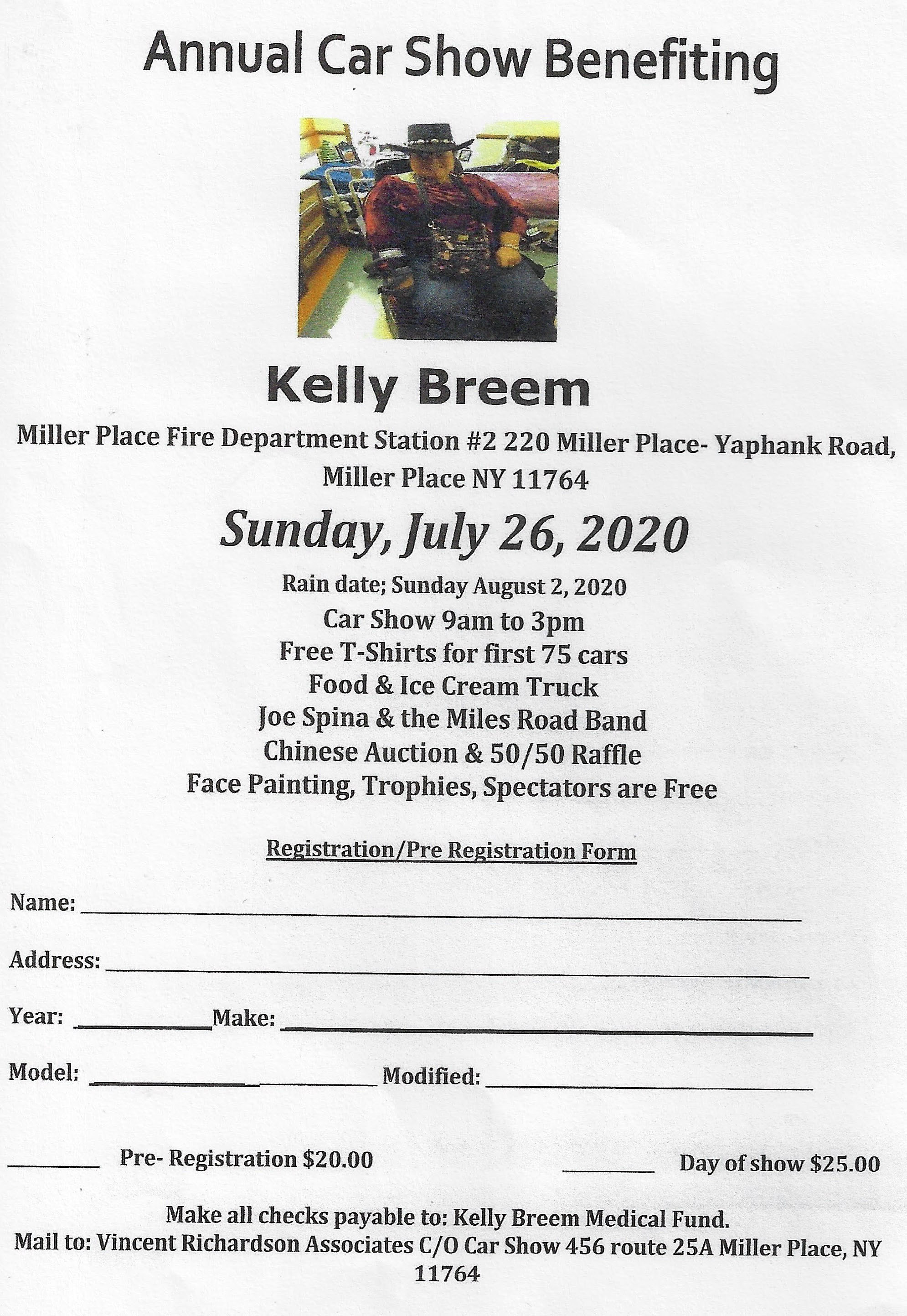 Miller Place FD Annual Car Show Benefiting Kelly Breem, Miller Place, NY-Postponed