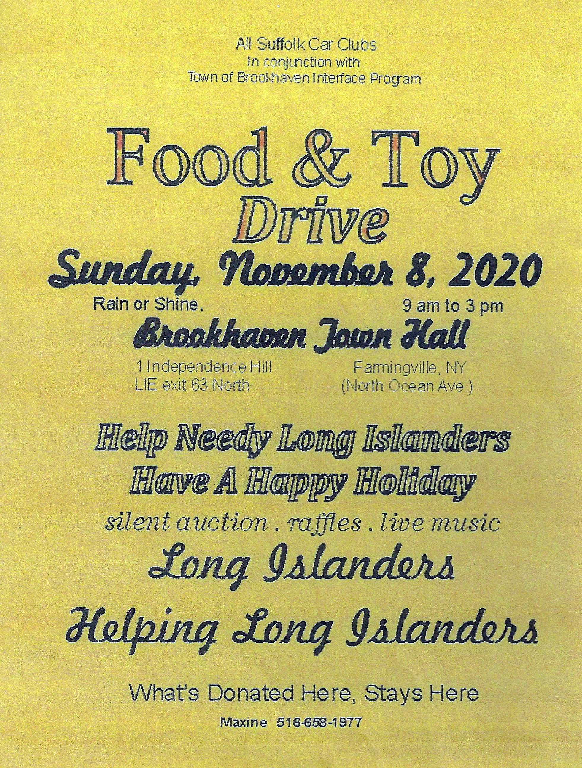 All Suffolk Car Clubs Food & Toy Drive, Farmingville, NY Postponed
