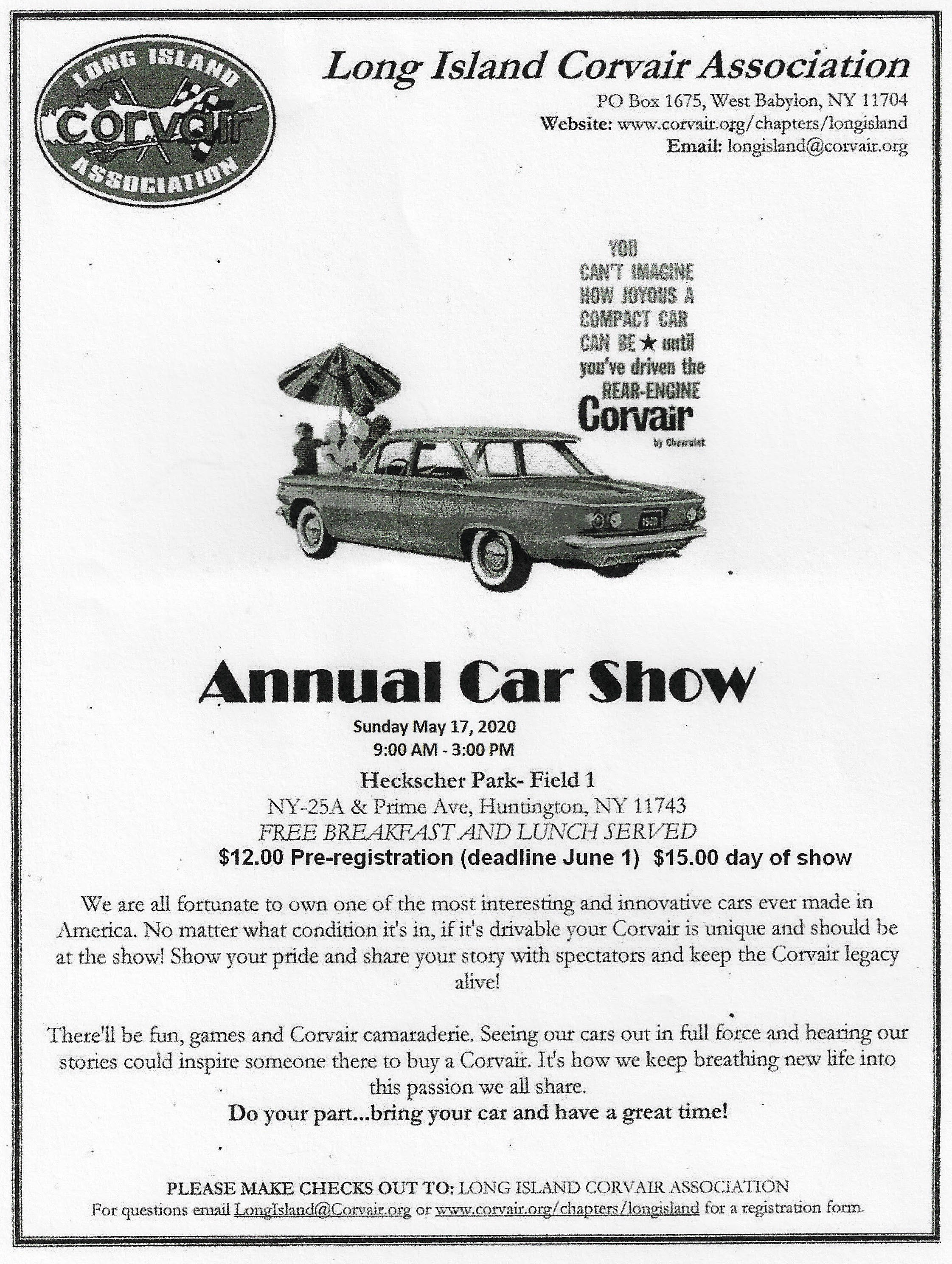 LI Corvair Association Annual Car Show, Huntington, NY- Postponed