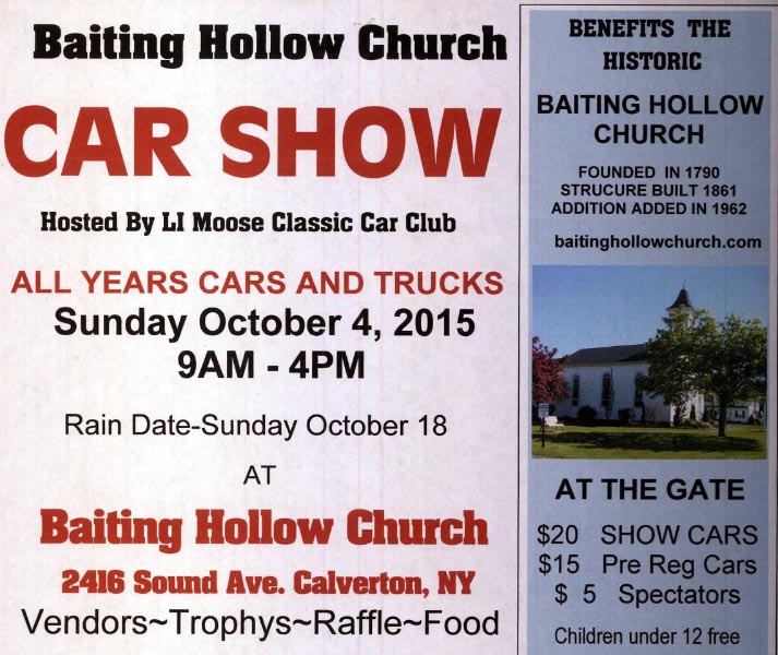 Baiting Hollow Church Car Show, Calverton, NY-Postponed to 10/18/2015