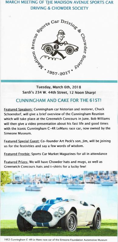 Madison Avenue Sports Car Driving and Chowder Club Society’s 61st Anniversary Meeting, New York, NY