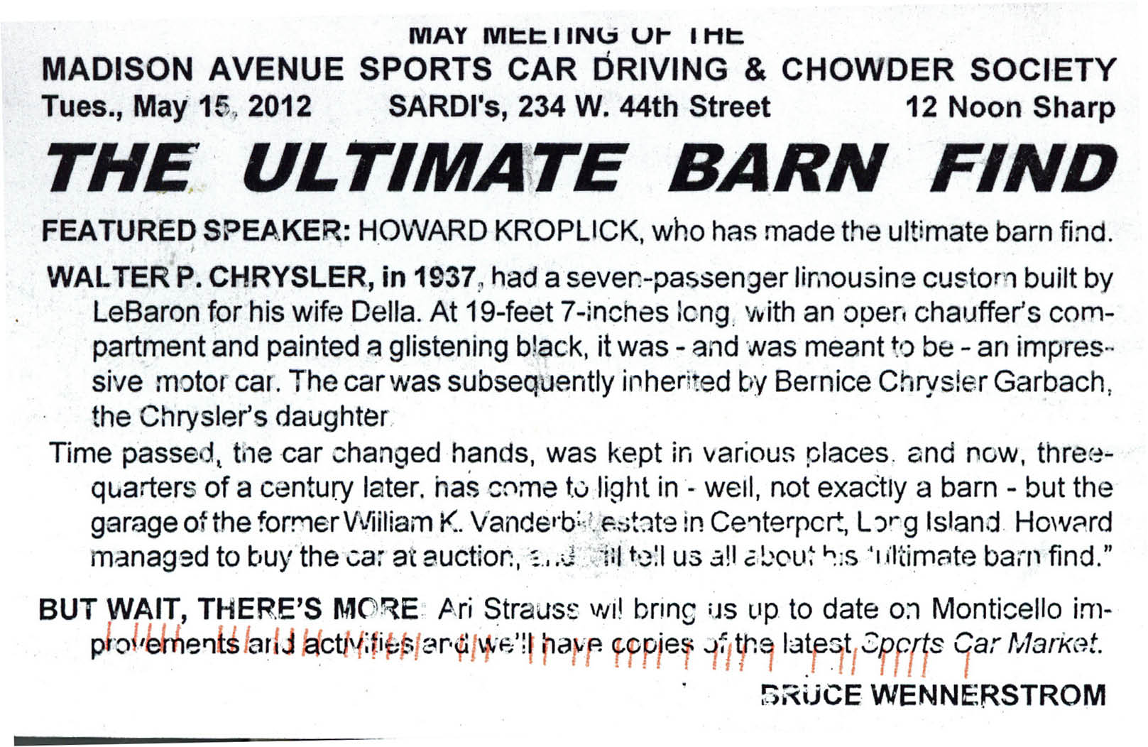 Presentation: “Finding Chrysler’s Chrysler”, New York, NY