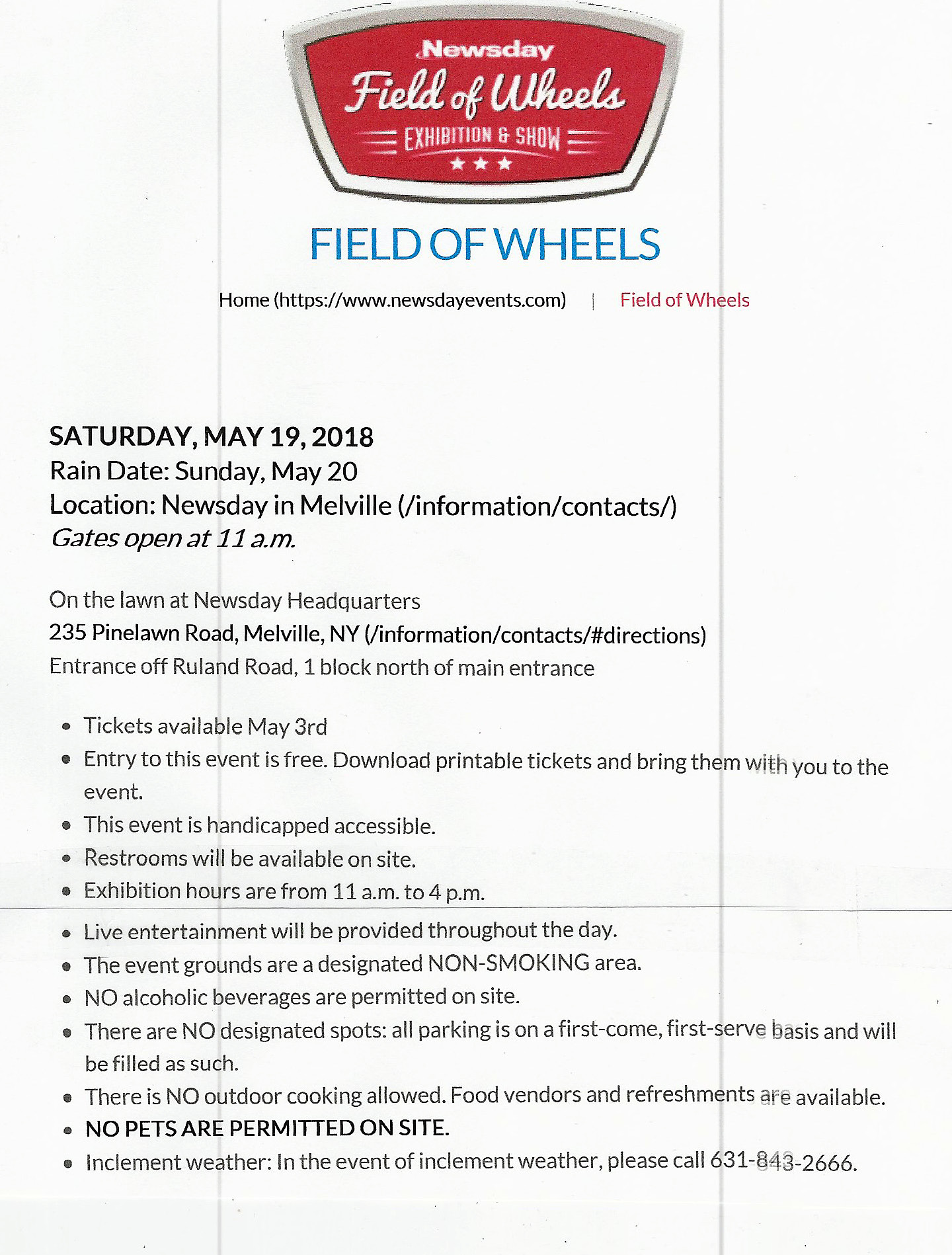 Newsday “Field of Wheels” Exhibition & Car Show, Melville, NY Rescheduled for 6/16/2018