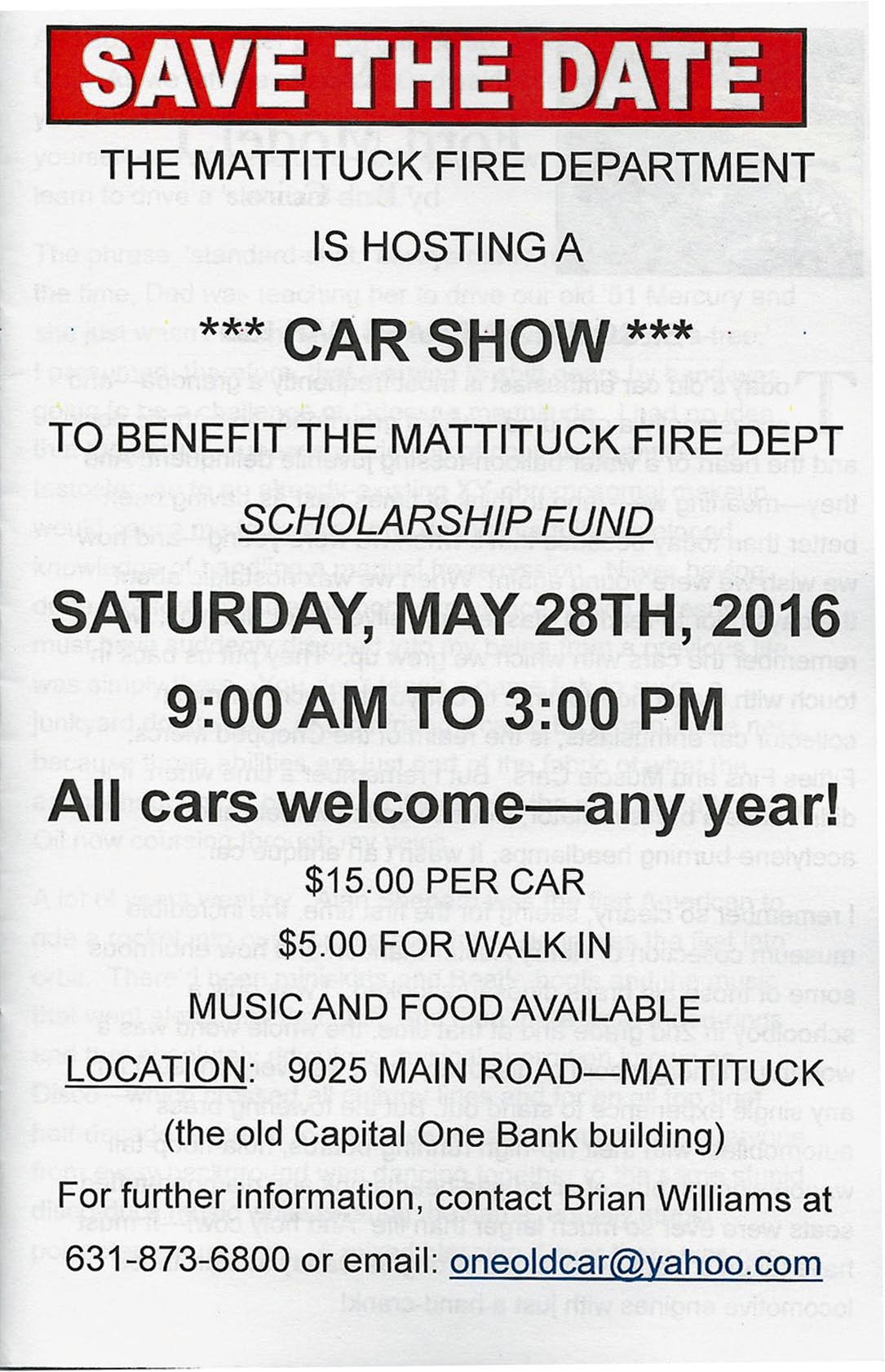 3rd Annual Mattituck Fire Department Car Show & Fundraiser, Mattituck, NY