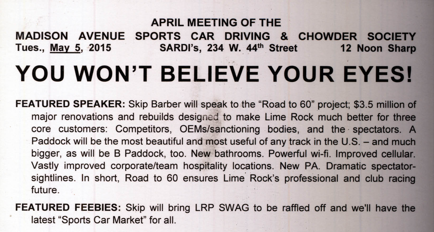 Madison Ave Sports Car Driving & Chowder Society Presentation, NYC, NY