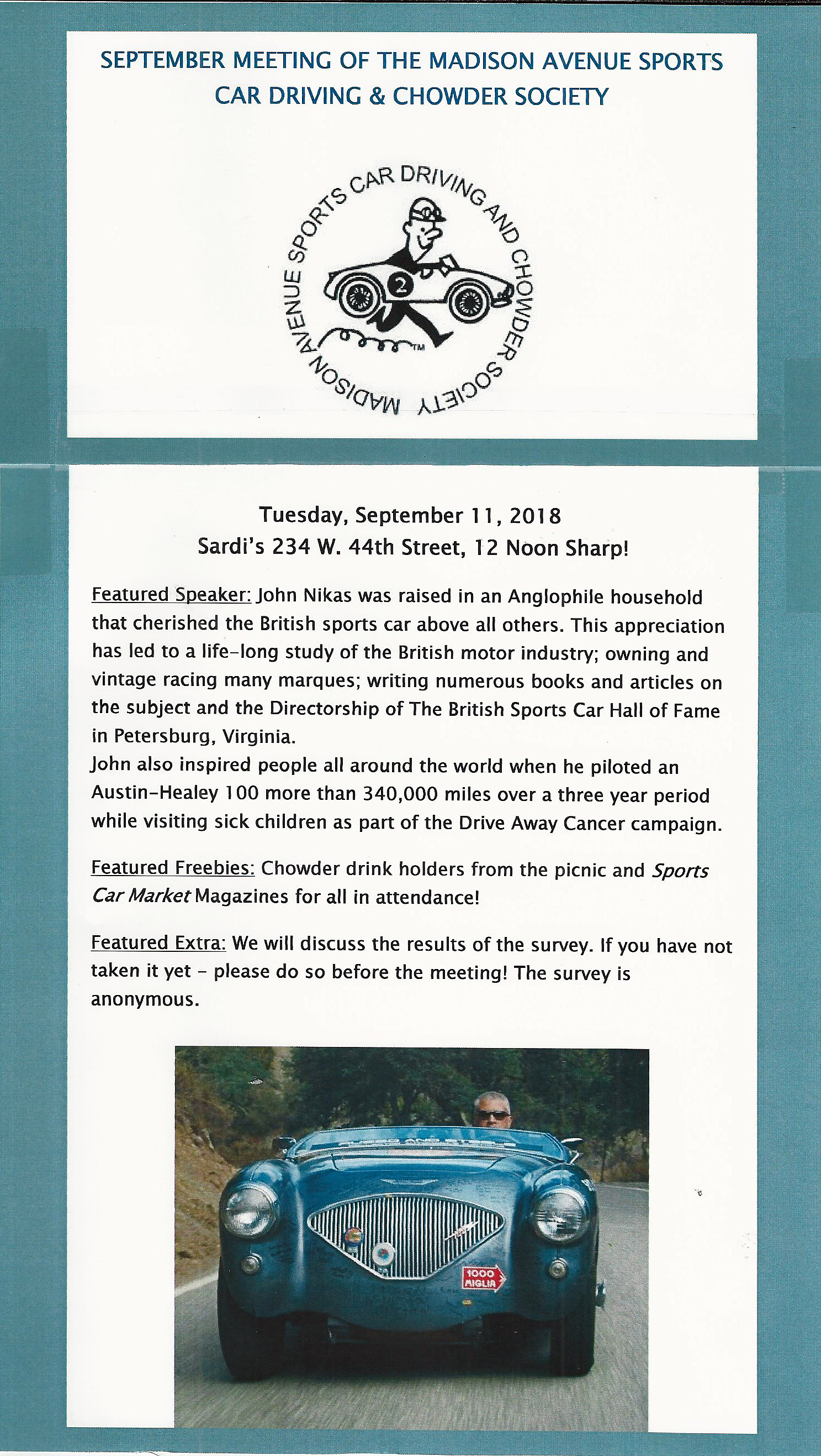 September Meeting of the Madison Avenue Sports Car Driving & Chowder Society, NYC NY