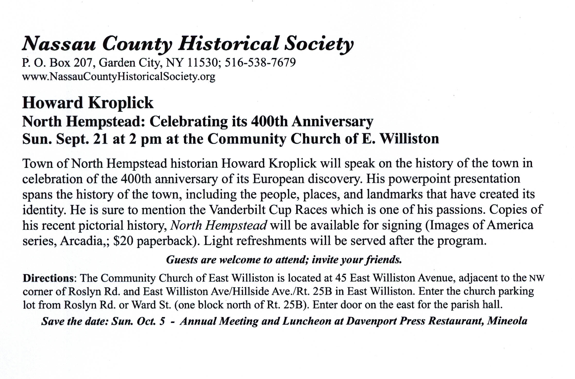 Howard Kroplick Presentation: “North Hempstead: Celebrating its 400th Anniversary”, East Williston