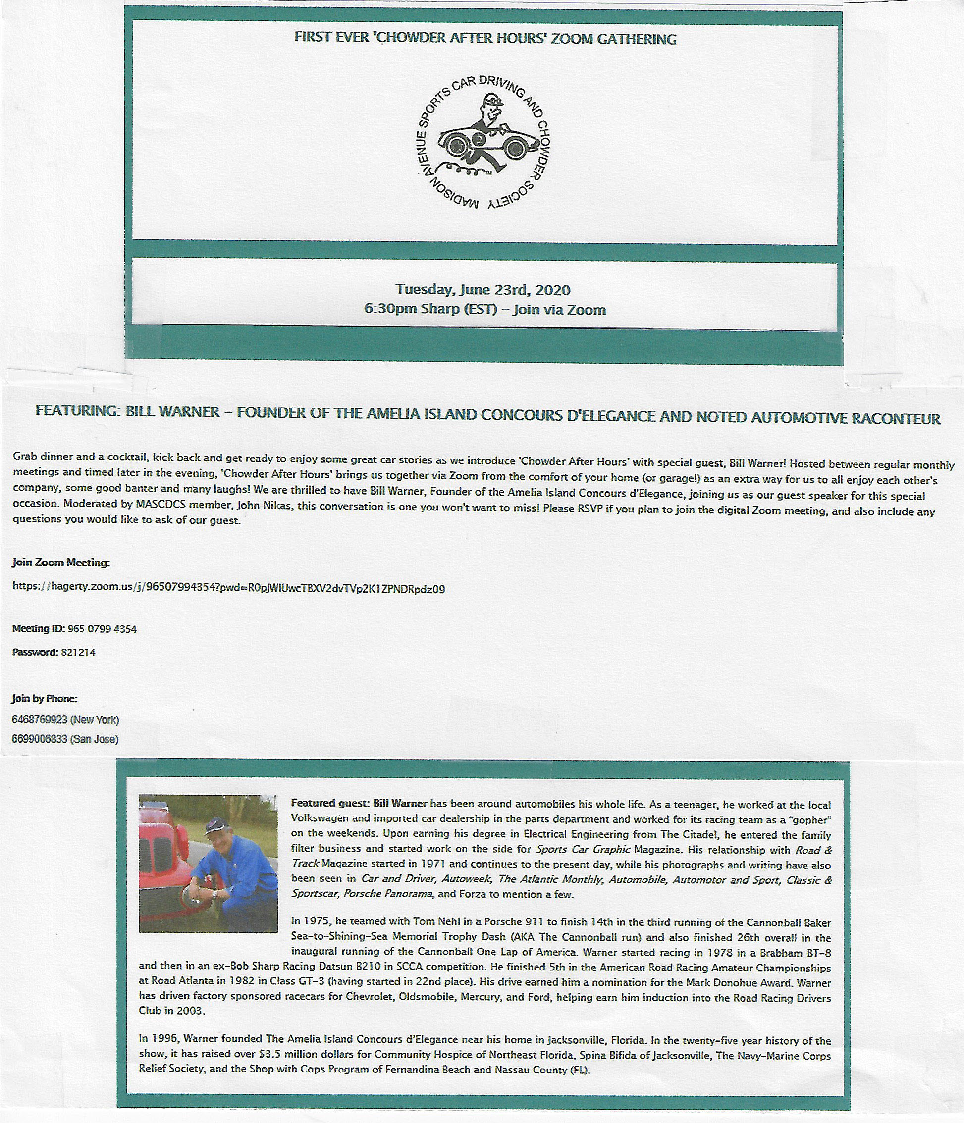 MASCDCS First Ever ‘Chowder After Hours’ Zoom Gathering, NYC, NY