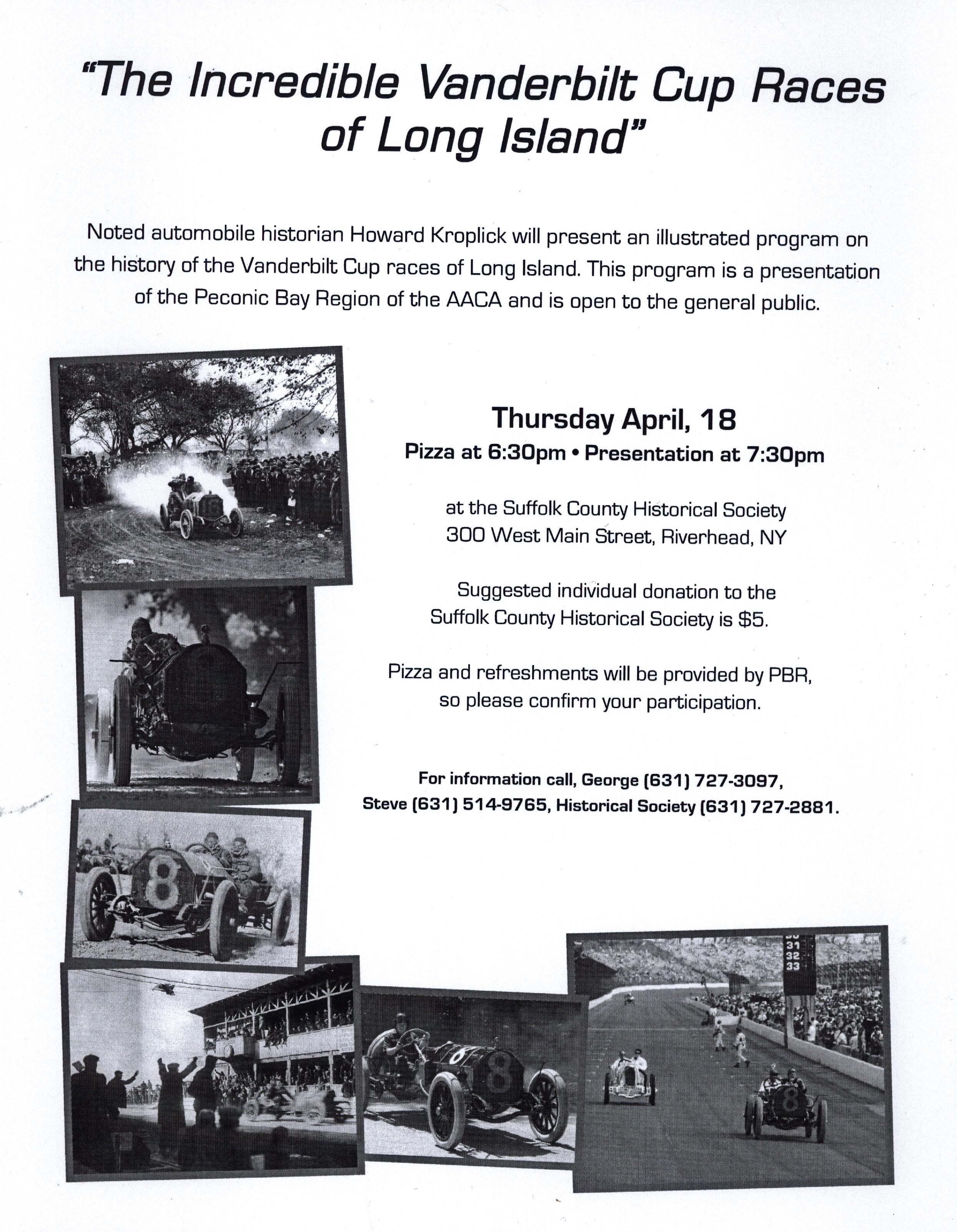 Pizza & Presentation “The Incredible Vanderbilt Cup Races of Long Island”, Riverhead, NY