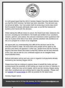 2020 Hershey Fall Meet Cancelled