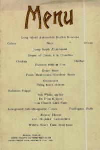 Greg O’s Garage; What’s for Dinner? The 1901 Annual Long Island Automobile Club Dinner Menu