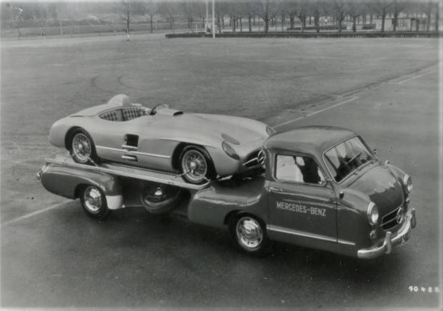 Mystery Friday Foto #23 Solved: A 1955 Mercedes-Benz 300 SLR W196S on top of the Mercedes-Benz “Blue Wonder” hauler