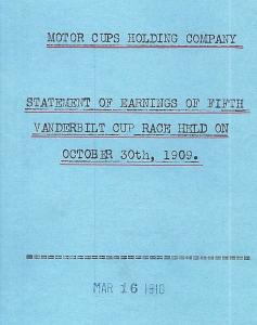 Kleiner’s Korner: The 1909 Vanderbilt Cup Race Statement of Earnings