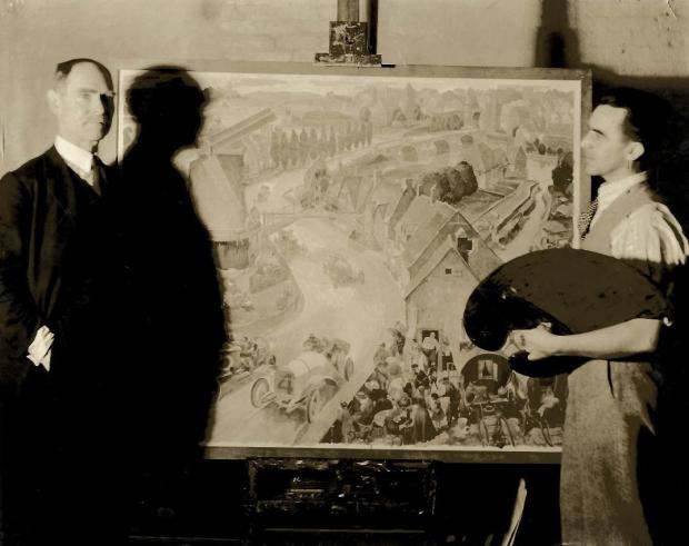 Mystery Friday Foto #24; Peter Helck with Joe Tracy and Painting “Speed Demons of 1904- A Motor Race On The Continent in The Early Days”