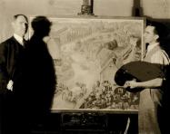 Mystery Friday Foto #24; Peter Helck with Joe Tracy and Painting “Speed Demons of 1904- A Motor Race On The Continent in The Early Days”