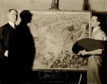 Mystery Friday Foto #24; Peter Helck with Joe Tracy and Painting “Speed Demons of 1904- A Motor Race On The Continent in The Early Days”
