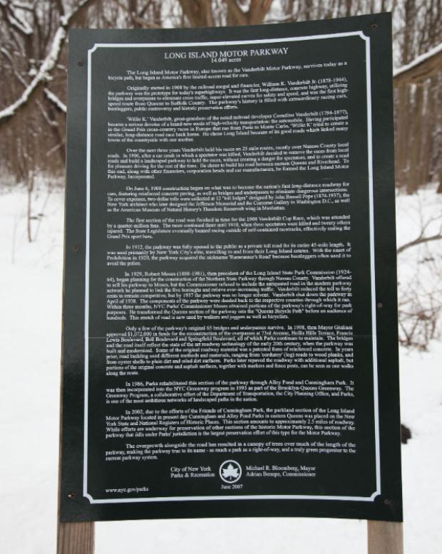 The New  NYC Parks & Recreation Motor Parkway Historical Marker in Queens