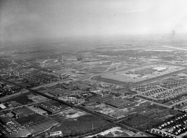 Mystery Foto #2 Solved: A 1956 aerial of the new opened  Roosevelt Field and almost completed Meadowbrook Parkway