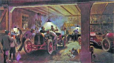 Mystery Artwork #23 Solved: #1 Thomas and #4 Thomas Prior to the 1906 Vanderbilt Cup Race at Krug’s