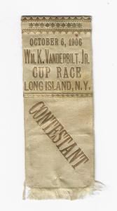 A rare 1906 Vanderbilt Cup Race Contestant Ribbon Badge manufactured by The Whitehead & Hoag Co.