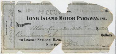 VanderbiltCupRaces.com Exclusive: The $1,000 check for winning the 1908 Meadow Brook Sweepstakes